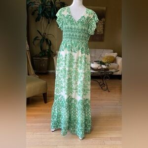Maison Tara Green Floral Smocked Maxi Dress | Cottagecore Boho Ruffle Hem V-Neck